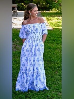 Madison Matthews Maxi Off the Shoulder Dress Blue White Floral XL